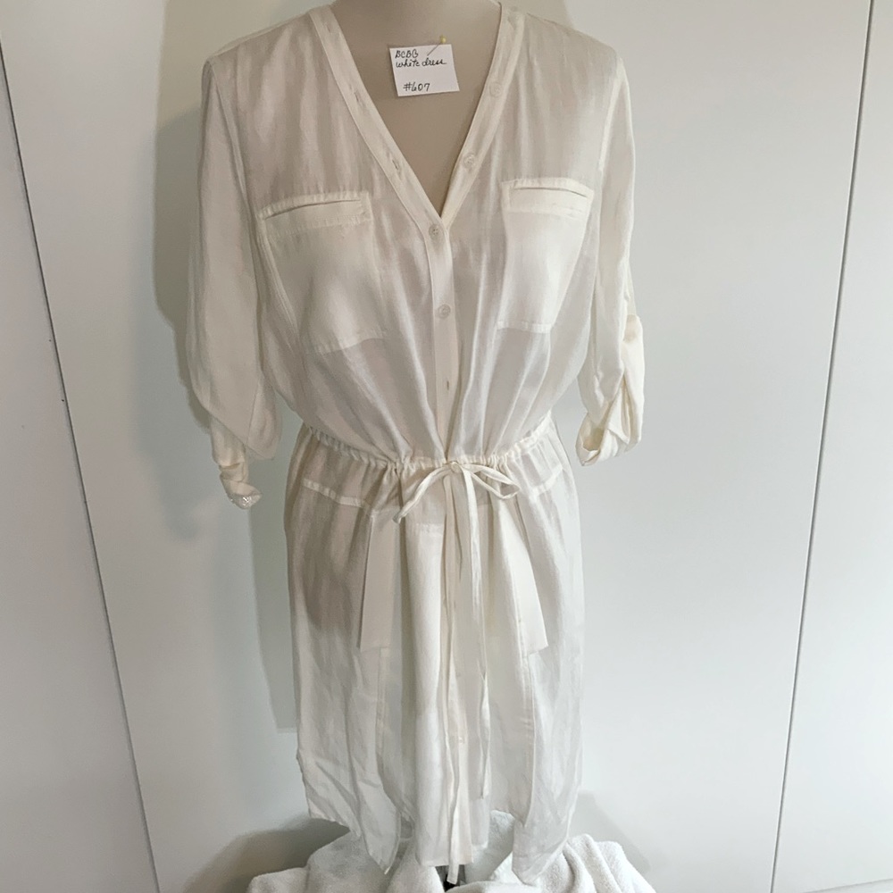 BCBG Maxazria - white dress with draw string tie, roll up sleeves, 4 pockets